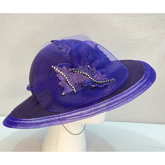 Bellini Womens Hat Purple 100% Wool Wide Brim Ribon Lace Rhinestone Band - Picture 2 of 10